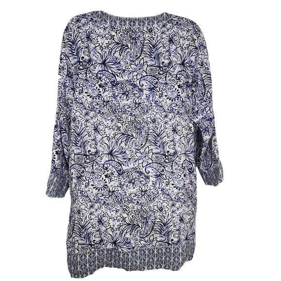 Sigrid Olsen Tunic Top Size Large Blue Floral 3/4 Sleeve 100% Linen V Neck Beach - Picture 2 of 11